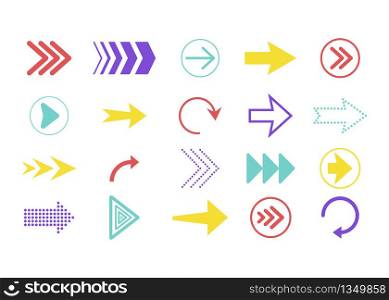 Color arrows set. Arrows direction symbols. Icons of up, down, right, next, cursor, back, left, circle, rewind, repeat, forward, pointer for web navigation. Simple digital shapes and lines. Vector.. Color arrows set. Arrows direction symbols. Icons of up, down, right, next, cursor, back, left, circle, rewind, repeat, forward, pointer for web navigation. Simple digital shapes and lines. Vector