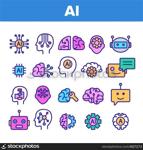 Color Artificial Intelligence Elements Vector Icons Set Thin Line. Brain And Droid Robot, Chip And Processor Of Ai Artificial Intelligence Details Linear Pictograms. Illustrations. Color Artificial Intelligence Elements Vector Icons Set