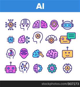Color Artificial Intelligence Elements Vector Icons Set Thin Line. Brain And Droid Robot, Chip And Processor Of Ai Artificial Intelligence Details Linear Pictograms. Illustrations. Color Artificial Intelligence Elements Vector Icons Set