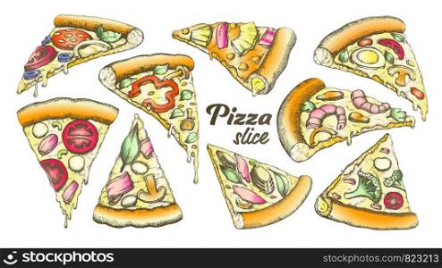 Color Assortment Different Slice Pizza Set Ink Vector. Collection Slice Cheese Pizza With Ingredients Mushroom And Shrimp Prawn, Tomatoes And Onion Concept. Designed Template Illustrations. Color Assortment Different Slice Pizza Set Ink Vector