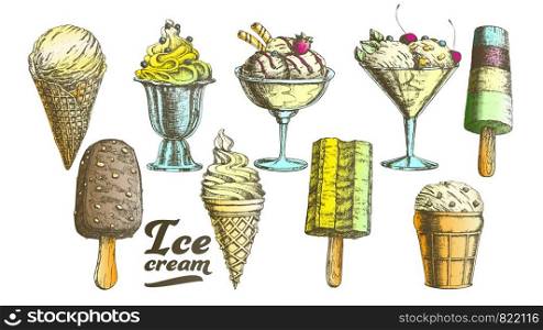 Color Assortment Frozen Ice Cream Set Vintage Vector. Wafer Cone, Caramel Eskimo Or Chocolate Glaze Sundae With Nuts, Whipped Cream And Fruit Concept. Designed Template Illustrations. Color Assortment Frozen Ice Cream Set Vintage Vector