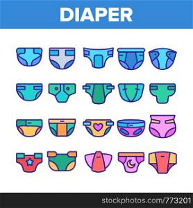 Color Baby Absorbent Diapers Vector Linear Icons Set. Newborn Diaper, Disposable Nappies Outline Symbols Pack. Childcare, Infant Necessities. Children Hygiene Product Isolated Contour Illustrations. Color Baby Absorbent Diapers Vector Linear Icons Set