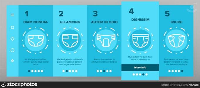 Color Baby Absorbent Diapers Vector Onboarding Mobile App Page Screen. Newborn Diaper, Disposable Nappies Outline Symbols Pack. Childcare, Infant Necessities. Children Hygiene Product Illustrations. Color Baby Absorbent Diapers Vector Onboarding