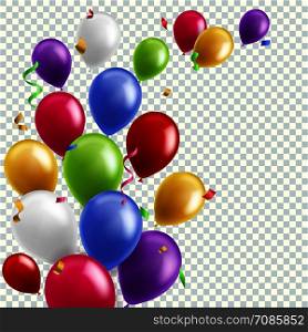Color balloon background. Flying colorful balloons birthday party decoration. Anniversary celebration card, fun carnival 3d and holiday joy surprise group banner vector template. Color balloon background. Flying colorful balloons birthday party decoration. Anniversary celebration card, banner vector template