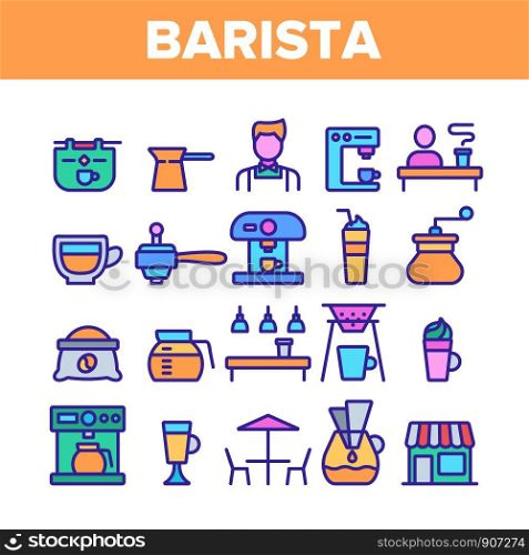 Color Barista Equipment Sign Icons Set Vector Thin Line. Coffee And Latte Cup, Beverage Machine And Barista Brewing Pot Linear Pictograms. Morning Energetic Drink Illustrations. Color Barista Equipment Sign Icons Set Vector