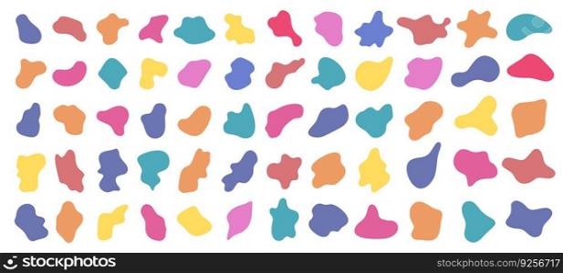 Color blob shapes. Abstract amorphous liquid forms, random organic masks and versatile vector background elements set. Irregular smooth colorful paint spots and blots isolated on white. Color blob shapes. Abstract amorphous liquid forms, random organic masks and versatile vector background elements set