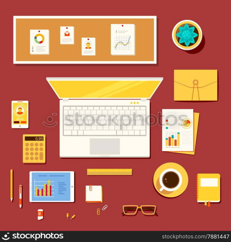 Color bright illustration concept of creative workspace, workplace of accountant, economist, office worker, businessman, manager with accessories and different objects.