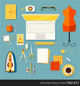 Color bright illustration concept of creative workspace, workplace of designer clothes, seamstress, tailor, cutter with accessories and different objects.