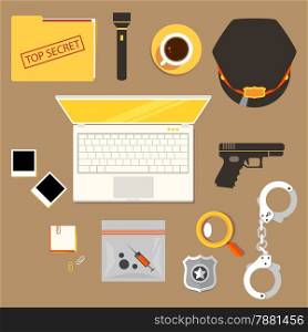 Color bright illustration concept of creative workspace, workplace of officer, policeman, police constable with accessories and different objects. police