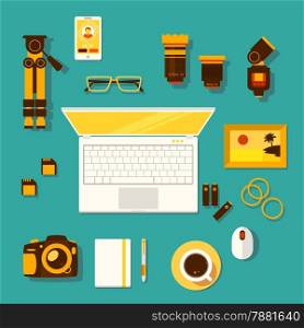 Color bright illustration concept of creative workspace, workplace of photographer with accessories and different objects.
