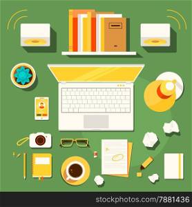 Color bright illustration concept of creative workspace, workplace of writer, blogger with accessories and different objects .