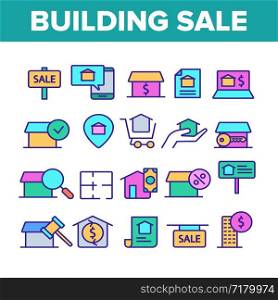 Color Buildings For Sale Vector Linear Icons Set. Buy property, Building Sale Outline Cliparts. Real Estate, Residential Selling Pictograms Collection. Apartments And Accommodation Illustration. Color Buildings For Sale Vector Linear Icons Set