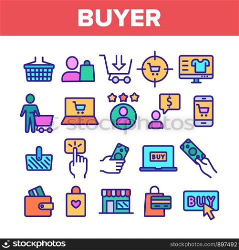 Color Buyer Elements Signs Icons Set Vector Thin Line. Internet Supermarket On Smartphone And Computer Laptop Monitor And Buyer Shopping Basket Linear Pictograms. Illustrations. Color Buyer Elements Signs Icons Set Vector