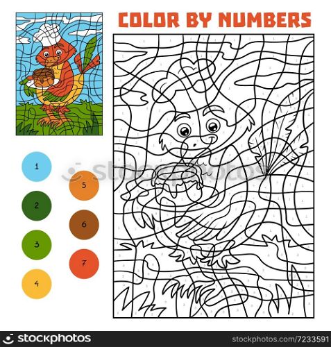 Color by number, education game for children, Bird with cake