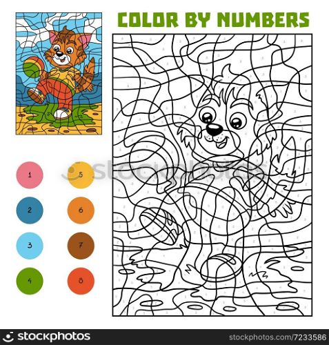 Color by number, education game for children, Cat with a ball