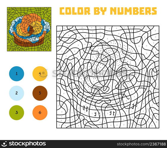 Color by number, education game for children, croissants in a basket