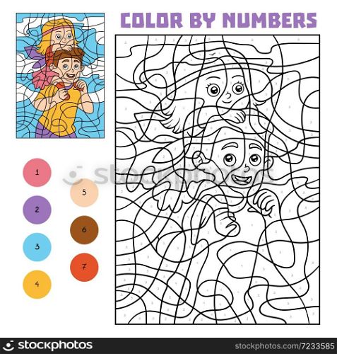 Color by number, education game for children, Father and daughter