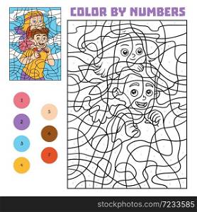 Color by number, education game for children, Father and daughter