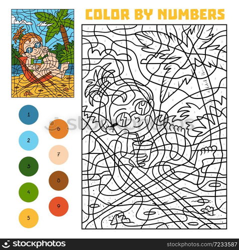 Color by number, education game for children, Girl on a deck-chair