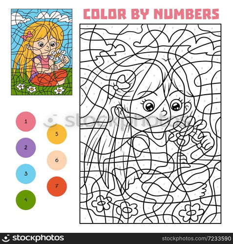 Color by number, education game for children, Girl with a flower