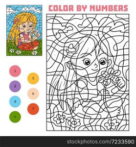 Color by number, education game for children, Girl with a flower