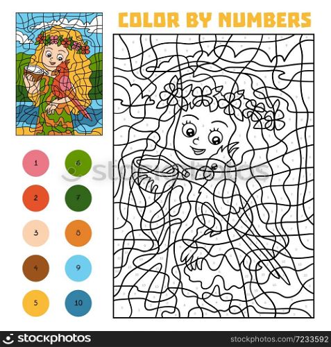 Color by number, education game for children, Girl with a parrot