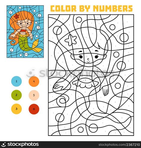 Color by number, education game for children, Mermaid