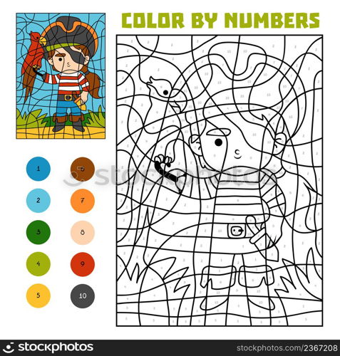 Color by number, education game for children, Pirate and parrot