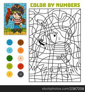 Color by number, education game for children, Pirate and parrot