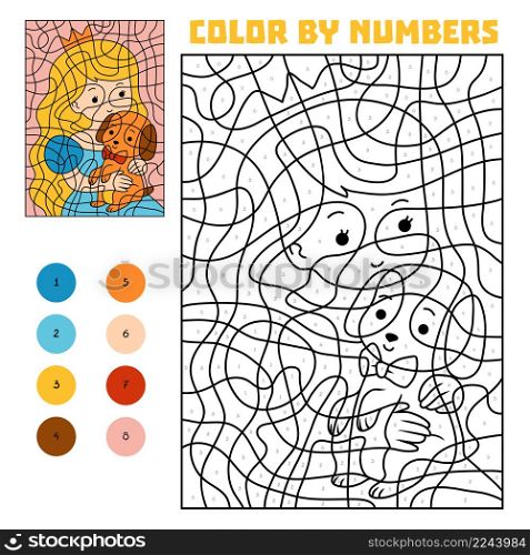 Color by number, education game for children, Princess and dog