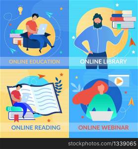 Color Cards Set with People Enjoy Online Education. Posters Advertise Reading Book, Watching Webinar, Getting Knowledge via Internet. E-learning on Laptop. Vector Flat Educational Illustration. Color Cards Set with People Enjoy Online Education