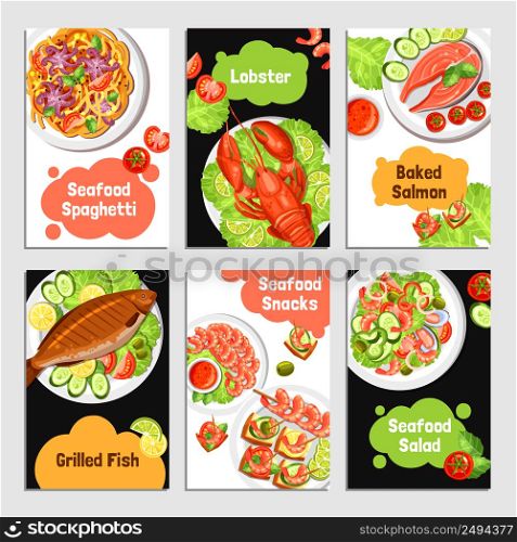Color cards with title of seafoods for banner vector illustration. Seafood Cards Banners