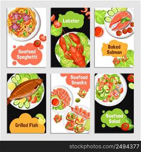 Color cards with title of seafoods for banner vector illustration. Seafood Cards Banners