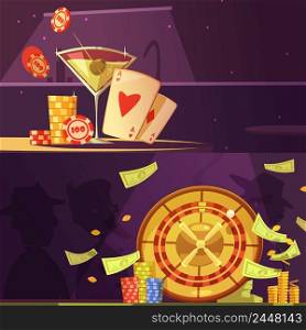 Color cartoon banners depicting casino equipment roulette drink money cards and chips vector illustration. Casino Color Banners