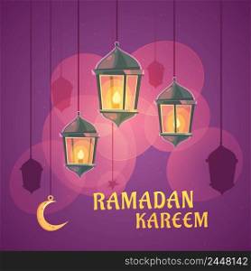 Color cartoon composition depicting ramadan lantern with purple background vector illustration. Ramadan Lanterns Illustration
