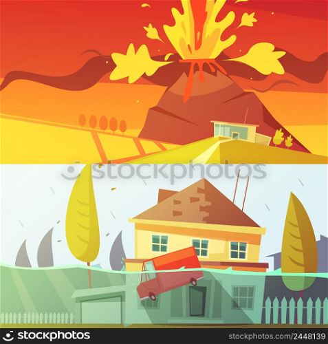 Color cartoon horizontal banners depicting natural disaster flood and volcano disaster vector illustration . Natural Disaster Banners