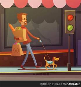 Color cartoon illustration depicting disabled blind man with dog on the road vector illustration. Blind Man Illustration