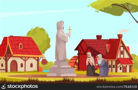Color cartoon medieval people composition two women praying at a church monument vector illustration