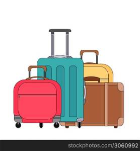 Color cartoonillustration of various suitcases. Family travel. Linear drawing of luggage and scrub. Vector colored element for logos, articles, icons and your design.. Color cartoonillustration of various suitcases. Family travel. Linear drawing of luggage and scrub. Vector colored element