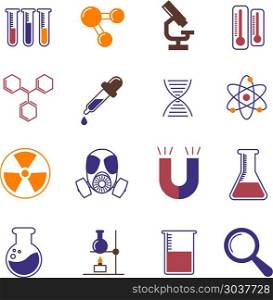 Color chemistry, research and science vector icons. Color chemistry, research and science vector icons. Chemistry laboratory instruments and scientific experiments symbols