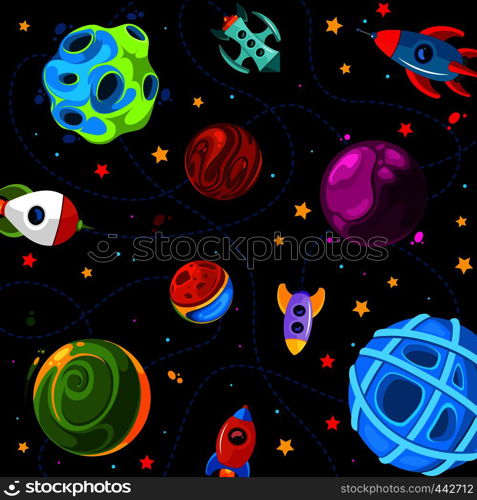 Color children pattern with cute planets, rockets and stars. Vector illustration. Color children pattern with cute planets, rockets and stars