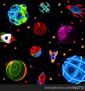 Color children pattern with cute planets, rockets and stars. Vector illustration. Color children pattern with cute planets, rockets and stars