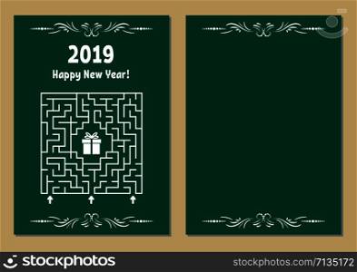 Color Christmas greeting card with a square maze. Find the right path to the gift. Game for kids. Puzzle for children. Maze conundrum. Vector illustration. Vintage style. Color Christmas greeting card with a square maze. Find the right path to the gift. Game for kids. Puzzle for children. Maze conundrum. Vector illustration. Vintage style.