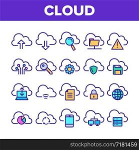 Color Cloud Service Sign Icons Set Vector Thin Line. Cloud Data And Technology Internet Networking Elements Linear Pictograms. Digital Files Storage Contour Illustrations. Color Cloud Service Sign Icons Set Vector