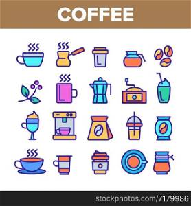 Color Coffee Equipment Sign Icons Set Vector Thin Line. Coffee And Latte Cup, Beverage Machine And Brewing Pot Linear Pictograms. Morning Energetic Drink Contour Illustrations. Color Coffee Equipment Sign Icons Set Vector