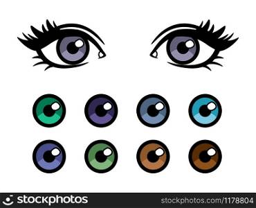 Color contact lenses advertising poster with cartoon character female eyes. Color contact lenses poster with female eyes