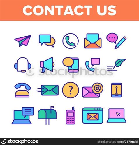 Color Contact Us, Call Center Vector Linear Icons Set. Customer Support Service, Contact Us Outline Cliparts. Helpline, Phone Tech Desk Pictograms Collection. Mailing And Chatting Illustration. Color Contact Us, Call Center Vector Linear Icons Set