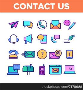 Color Contact Us, Call Center Vector Linear Icons Set. Customer Support Service, Contact Us Outline Cliparts. Helpline, Phone Tech Desk Pictograms Collection. Mailing And Chatting Illustration. Color Contact Us, Call Center Vector Linear Icons Set