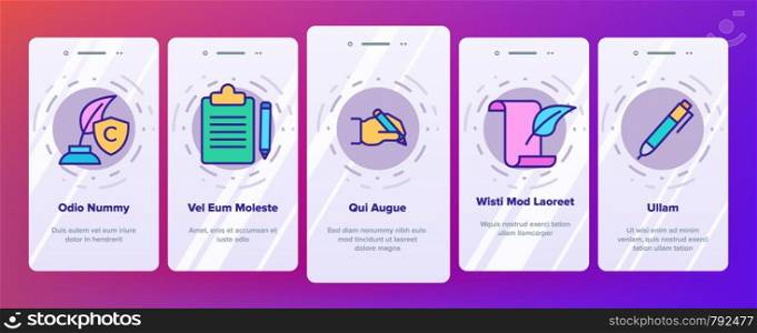 Color Copywriting and Blogging Vector Onboarding Mobile App Page Screen. Copywriting, Creative Writing Outline Symbols Pack. Content Creating, Text Editing. Vlog Post, Article Illustrations. Color Copywriting and Blogging Vector Onboarding