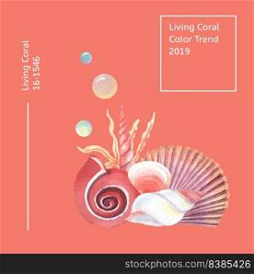 Color Coral 2019 trendy, Sea shell marine life summertime travel the beach ,aquarelle isolated vector illustration 